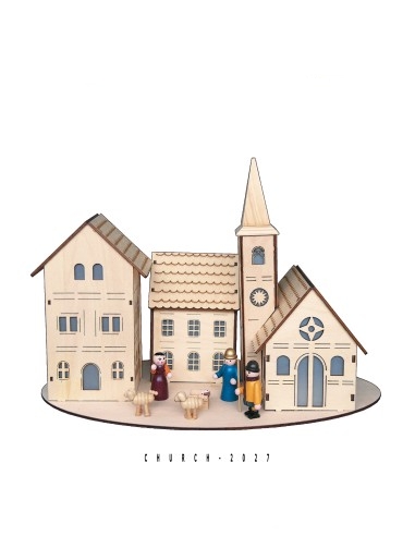 Village with wooden nativity with LED - CHURCH2027