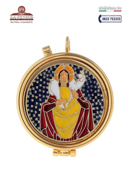 Teca per particole con "Gesù Buon Pastore" a smalto, diametro cm.5,4 - TEC884