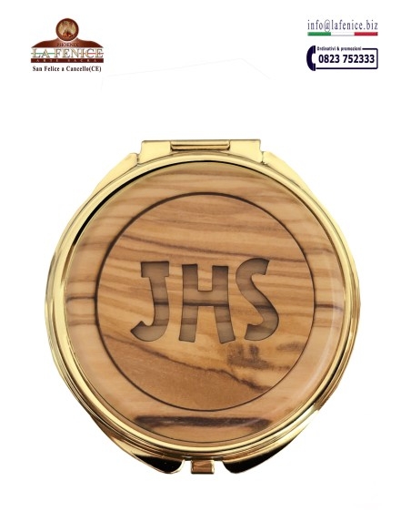 Pyx in gold-plated brass with "JHS" wooden medallon, diameter 5.8 cm - TEC305