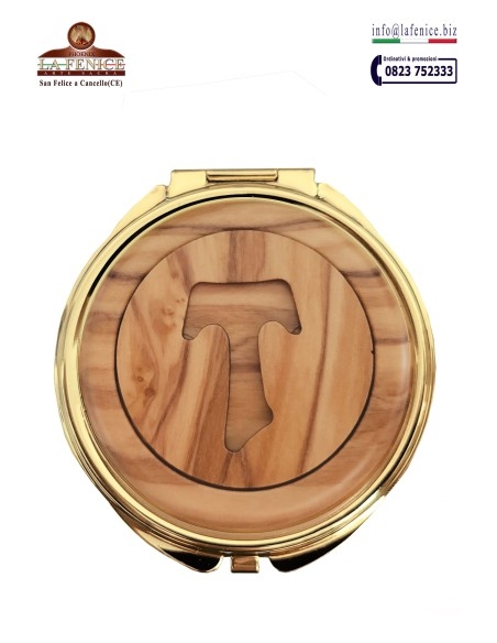 Pyx in gold-plated brass with "TAU" wooden medallon, diameter 5.8 cm - TEC305