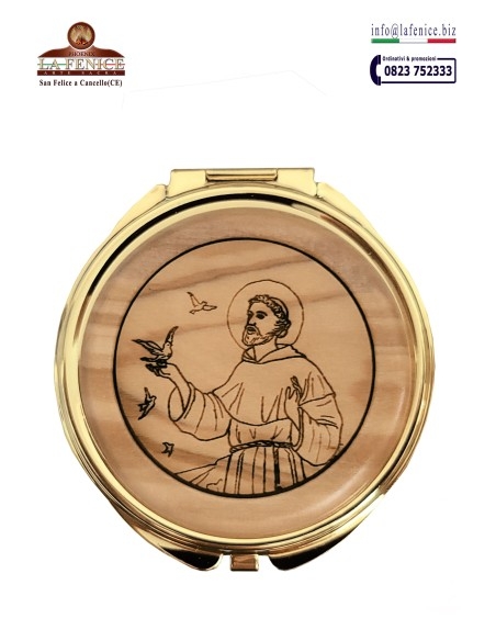 Teca per particole con medaglione "San Francesco" in legno, diametro cm.5,8 - TEC3052